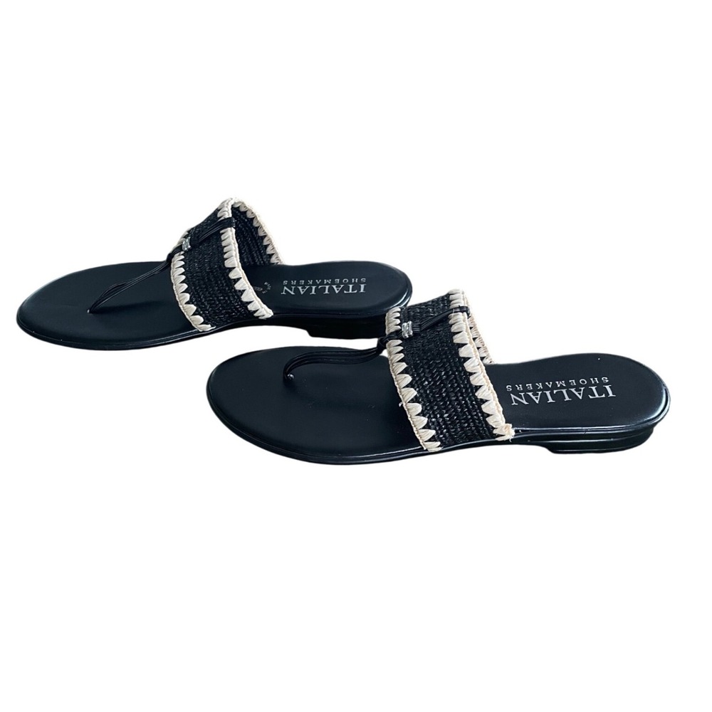 Italian Shoemakers Womens Black Woven Thong Sandals Scalloped Trim Slides Size 9